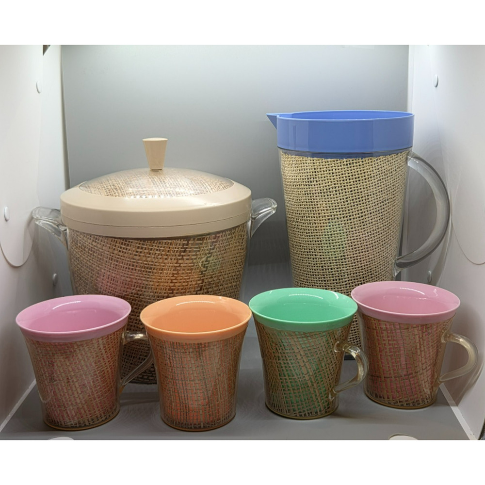Vintage MCM Raffiaware Acrylic Pitcher, Ice Bucket, & 4 Mugs